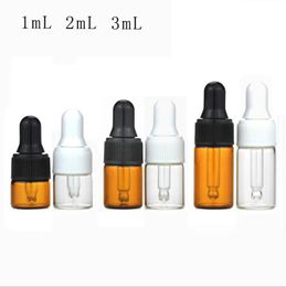 Hot Sale 1ml 2ml 3ml Amber Clear Glass Bottle Vial Aromatherapy Essential Oil Glass Dropper Bottle With Black White Cap DHL Free