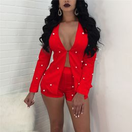 Pearls Accent Women Office Business Suits Cardigan Blazer Coat with Shorts Slim Full Sleeve Two Piece Set Club