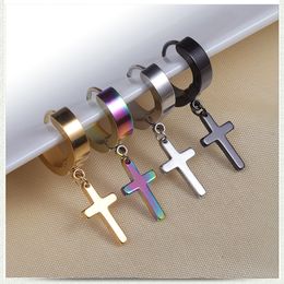 4 Colour Punk Stainless Steel Hypoallergenic Cross Dangle Earrings Men Fake Piercing clip on Hoop Drop Earring for Women Fashion Jewellery Bulk