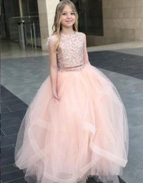 Modern Pink Sequined African Flower Girl Dresses Two Pieces Feather Tulle Little Girl Wedding Dresses Cheap Girl's Pageant Dresses Q70
