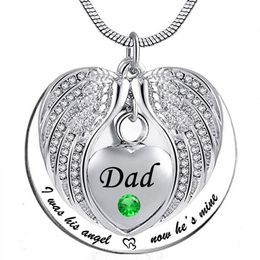 Unisex Angel Wing Birthstone Memorial Keepsake Ashes Urn Pendant Necklace 'i used to be his angle, now he's mine'- Dad