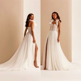 Simple Cheap Wedding Dresses Sexy High-split Halter Sleeveless Tulle A-line Bridal Dress Backless Sweep Train Boho Robes De Mariée Hot Sell