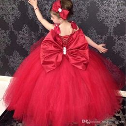 Red Ball Gown Spaghetti Flower Girl Dresses With Big Bow Tulle Beaded First Communion Dresses Lace Up Back Girls Pageant Gowns For Wedding