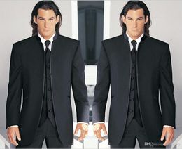 Custom Made Black Groom Tuxedos Mandarin Lapel Best Man Groomsmen Men Wedding Suits Bridegroom (Jacket+Pants+Tie+Vest)