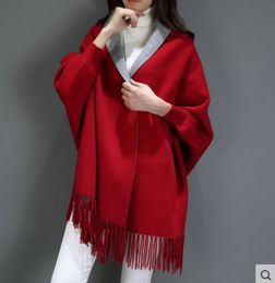 Fashion-Double Side Scarf Winter Faux Cashmere Poncho Women Solid Designer Female Long Sleeves Wrap Vintage Shawl Y18102010