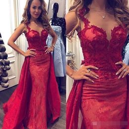 Red Designer Prom Dresses with Overskirt Lace Applique Beaded Sheer Neck Mermaid Custom Made Celebrity Evening Party Gown Plus Size