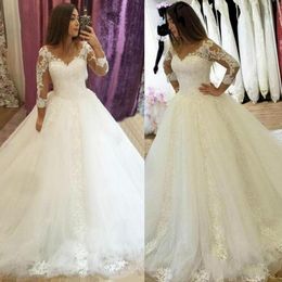 Pearls Puffy Wedding Dresses Princess Bridal Ball Gowns Beading Long Sleeves Lace Appliques Wedding Gowns Petites Plus Size Custom Made