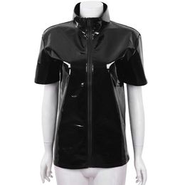 Unisex Metallic Novelty Hipster PVC faux Leather Stand Collar Short Sleeves Front Zip Up T-shirt Fashion Night Club Tops