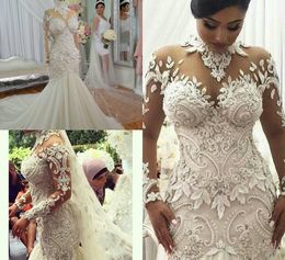 Crystals Mermaid Dresses High Neck Long Sleeves Beaded Applique Bridal Gowns Court Train Plus Size Wedding Dress 0505