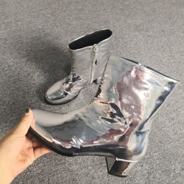 Olomm Women Silver Ankle Boots Comfort Square low Heels Boots Round Toe Gorgeous Night Club Party Shoes Women Plus US Size 5-15