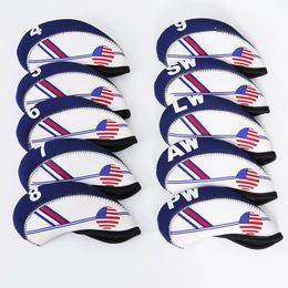 10pcs/set Golf White & Blue US Flag Neoprene Golf Club Head Cover Wedge Iron Protective Headcover Protector Case
