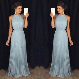 Light Blue A Line Chiffon Prom Dresses High Neck Floor Length Pleats Ruffle Formal Evening Party Gowns Cheap