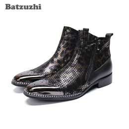 Batzuzhi POP Men Boots Super Star Men Leather Ankle Boots Men Black Pointed Metal Tip Party and Wedding botas hombre, Big US6-12