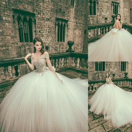 Sexy Bohemian Corona Borealis Ball Gown Wedding Dresses Short Sleeve Tulle Lace Pearls Crystal Wedding Gowns Sweep Train robe de mariée