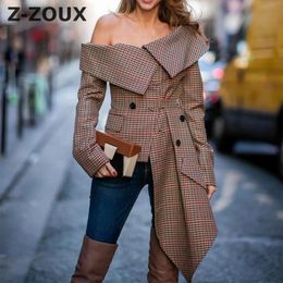 Z-ZOUX女性ジャケットセクシーなストラップレスの格子縞の女性スーツ不規則なレディースブレザージャケット非対称女性コート秋CJ191130