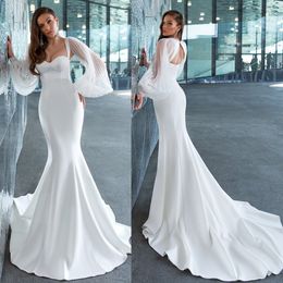 2020 New Arrival Mermaid Wedding Dresses Hollow Spaghetti Sweep Train Wedding Dress Tulle Long Length Bridal Gowns
