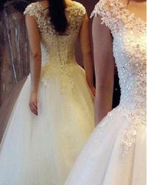 Cap Sleeves Sequins Beading Appliques Wedding Dress White Ivory Gown Lace up back Croset Wedding Dresses for bride plus size Customer made