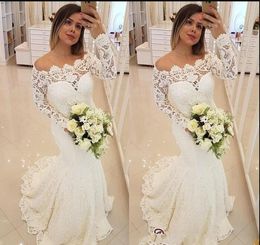 2019 Sexy White Mermaid Long Sleeve Lace Wedding Dresses Bateau Long Lace Appliques Sweep Train Cheap Beach Bridal Gowns robe de mariée