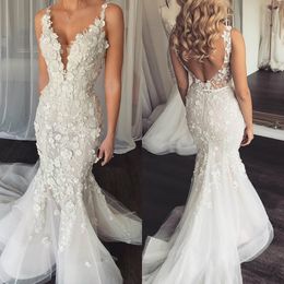 Mermaid Wedding Dresses Tulle 3D Floral Appliques Spaghetti Wedding Gowns Backless Sweep Train Vestidos De Novia