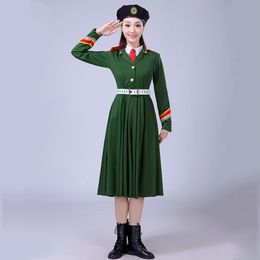 Army of China Performance Costume Green and blue Military Uniform Women Solider Clothing Photography Army Chorus stage wear