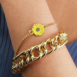 Stainless Steel Gold Plated Men Women Thick Bracelet Sunflower Butterfly Pendant Hand Chain Bracelet Fashion Accessories Gift Couple Bangle