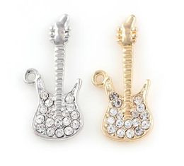 20PCS/lot 13x19mm (Golden,Silver Color) Rhinestones Guitar Hang Pendant Charms DIY Accessory Fit For Floating Dangle Locket Jewelrys