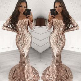 Rose Gold Sequins Sparkly Mermaid Evening Party Dresses 2019 Off Shoulder Long Sleeve Sexy Trumpet Cheap Prom Gowns