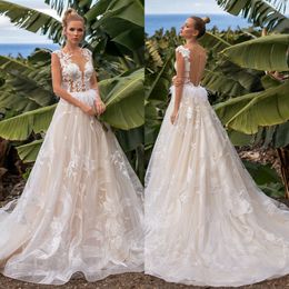 Newest Feather Wedding Dresses Jewel Neck Tulle A Line Boho Country Bridal Gowns Lace Appliqued Wedding Dress Robe De Mariee