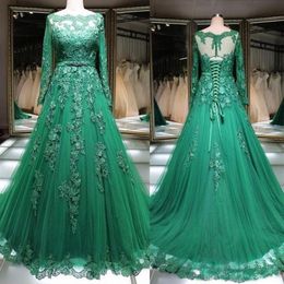Arabic Muslim Evening Dresses Bateau Neck Lace Applique Green Long Sleeve Formal Occasion Prom Dress Women Party Pageant Party Gowns Lace-up
