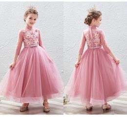 Fall Winter Long Sleeve High Collar Flower Girl Dresses 2020 Hand Made Flowers Beads Lace Applique Girl Pageant Dress Toddler Party Gowns