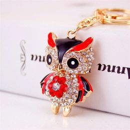 Fashion-l Owl Keyring Ring Enamel Rhinestone Crystal Metal Alloy Pendant Car Key Chains Gold Tone Plated Oil Drop Cute Women Bag Charms