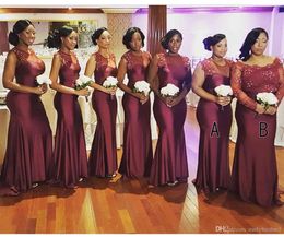 2019 New African Burgundy Lace Beads Mermaid Bridesmaid Dresses Custom Made Different Styles Maid of Honor Gowns Wedding Party Wear