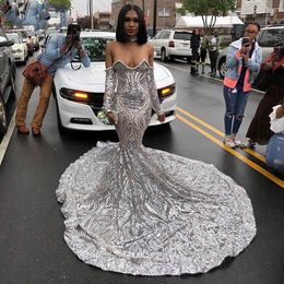 sexy african black girls mermaid prom dresses sparkly silver long sleeve sequins ruched evening gowns vestido de gala