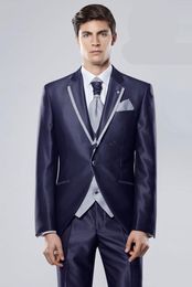 New Slim Fit One Button Shiny Navy Blue Wedding Groom Tuxedos Peak Lapel Groomsmen Men Suits Prom Blazer (Jacket+Pants+Vest+Tie) 167