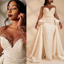 2020 African Mermaid Wedding Dresses Detachable Train Long Sleeve Bridal Gowns Pearls Neaded Plus Size Garden Country Wedding Dress