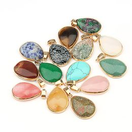 Natural Stone Pendant Water Drop Shape Pendants charms Agates/ RoseQuartz/Tiger Eye Charms for Necklaces Jewelry Making 3.5*2.4*0.7cm