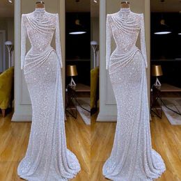 Sexy Glitter White Sequins High Neck Mermaid Prom Dresses Long Sleeves Crystal Sequined Ruched Waist Party Gowns Evening Dress Wear