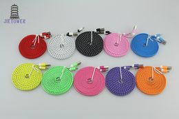 100pcs 2M 6ft flat Fabric Nylon Braided Micro USB Cable For Blackberry for HTC for Samsung Cloth braided cable