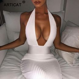 Articat Halter Backless Sexy Knitted Pencil Dress Women White Off Shoulder Long Bodycon Party Dress Elegant Autumn Winter Dress