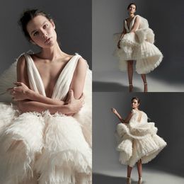 krikor jabotian short wedding dresses knee length tiered ruffle backless vestidos novia deep v neck bridal robes de marie