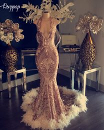 Sparkly African Mermaid Long Prom Dress 2020 Halter Sleeveless Elegant Feather Rose Gold Black Girl Party evening Formal Gowns