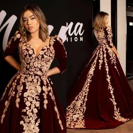 burgundy velvet prom dresses kaftan caftan evening formal dress half sleeve gold luxury lace applique arabic dubai abaya occasion gowns