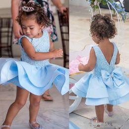 cupcake applique UK - Sky Blue Short Flower Girls Dresses Applique Tiered Girls Party Toddler Pageant Baby Birthday Gowns Kids Cupcake First Communion Dress