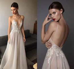 2020 New Ivory Berta Evening Dresses Deep V Neck Spaghetti Straps Embroidered Chiffon Backless Summer Illusion Long Prom Dresses 2018
