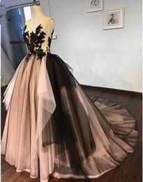 Amazing 2018 Puffy Ball Gown Long Prom Dresses with Appliques v neck Floor Length Tulle Sleeveless Pink & Black Backless Prom Dress