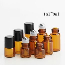 Factory Price Amber 1ml 2ml 3ml Mini Glass Roll On Bottle Essential Oil Roller Glass Bottles with SS Metal Ball Free Shipping DHL