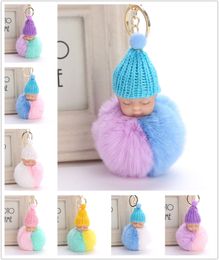 Sweet Fluffy Pompom Sleeping Baby Key Chain Faux Rabbit Fur Pom pon Knitted Hat Baby Doll Keychain Car Keyring Toy Trendy Gifts SZ619