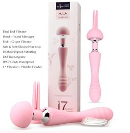 Rechargeable Double Head Dildo AV Vibrator Magic Wand Massager Clitoris Stimulator 10 Modes G-spot Vibrators+Rabbit Header Sex Toys for Wome