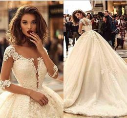 New Elegant Ball Gown Wedding Dresses Illusion Neck Lace Appliques Beaded 1/2 Sleeve Sweep Train Sheer Button Back Bridal Gowns