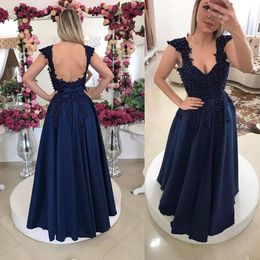 2023 New Elegant Navy Blue Prom Dresses Sexy Open Back Cap Sleeve Spaghetti Straps Long Evening Gowns With Beads 1095